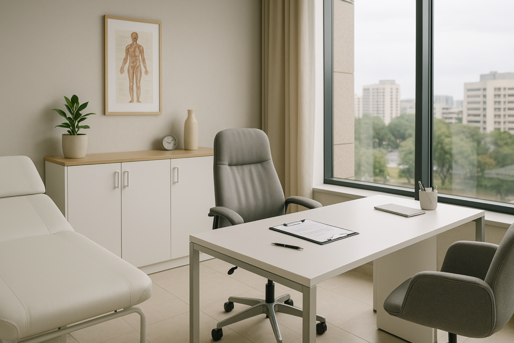 Consultório médico moderno com iluminação natural, mobiliário branco e cinza, mesa de atendimento com prontuário, cadeira confortável e vista para área urbana de Brasília. Ambiente pronto para uso por profissionais da saúde.