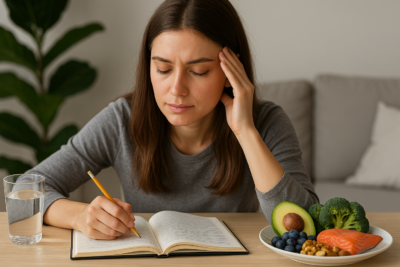 Mulher jovem estudando concentrada com expressão de esforço mental, cercada por alimentos saudáveis como salmão, brócolis, abacate, mirtilo e nozes, representando a relação entre nutrição e foco cerebral.